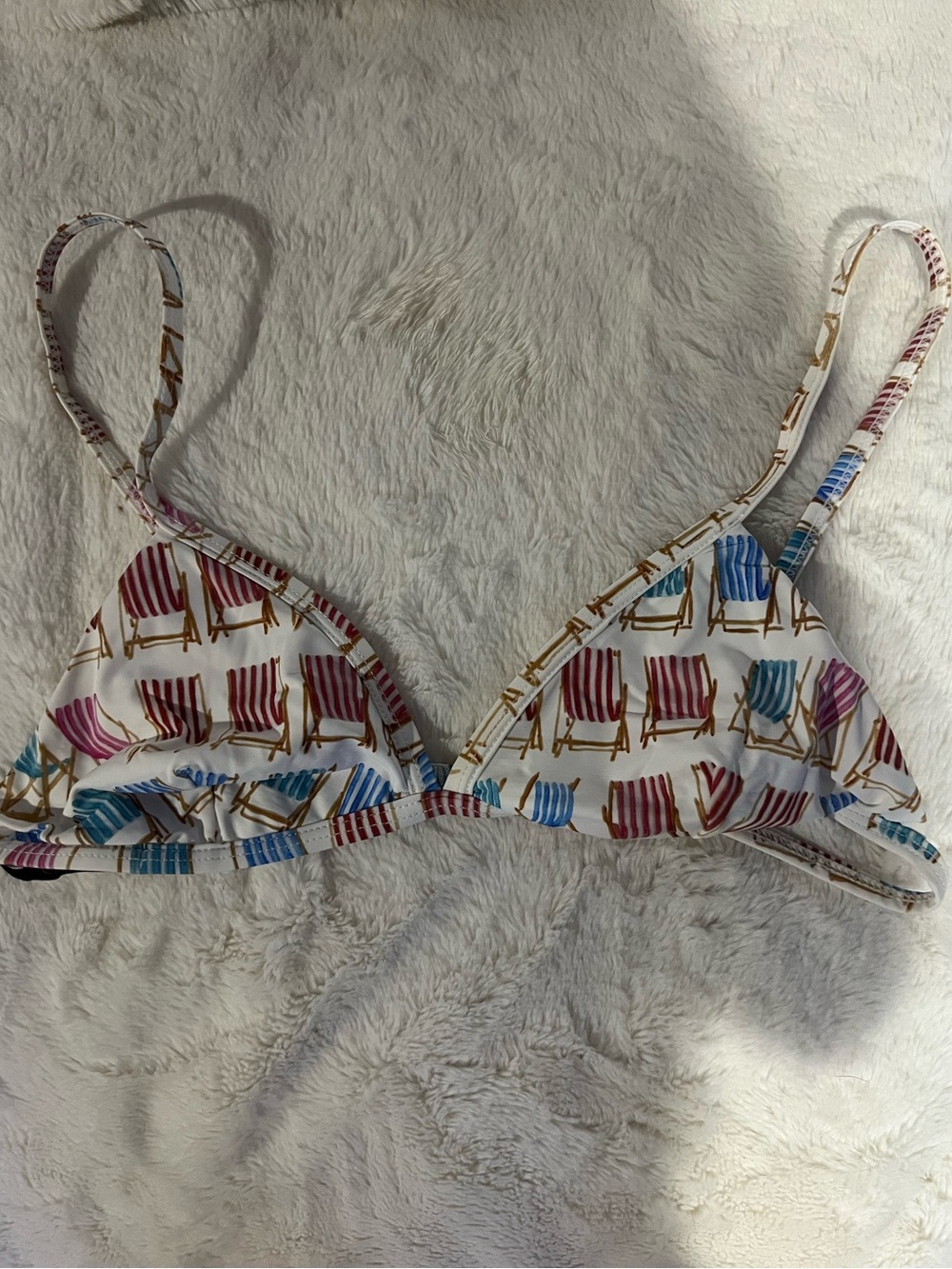 PatBO White Triangle Bikini Top with Multicolor Stripe Deckchair Print